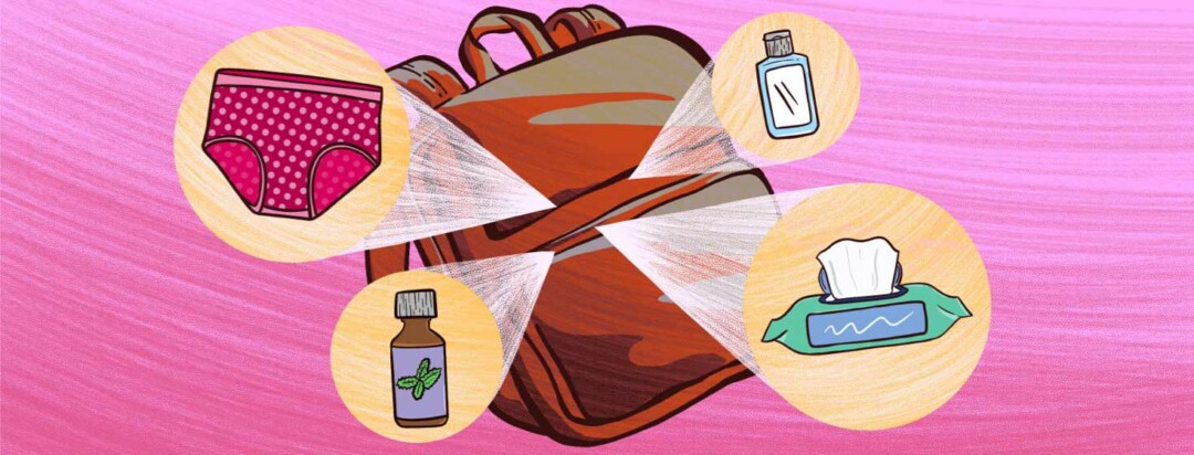 A backpack with highlighted items emerging from it, including a spare pair of underwear, a bottle of hand sanitizer, peppermint oil, and baby wipes.
