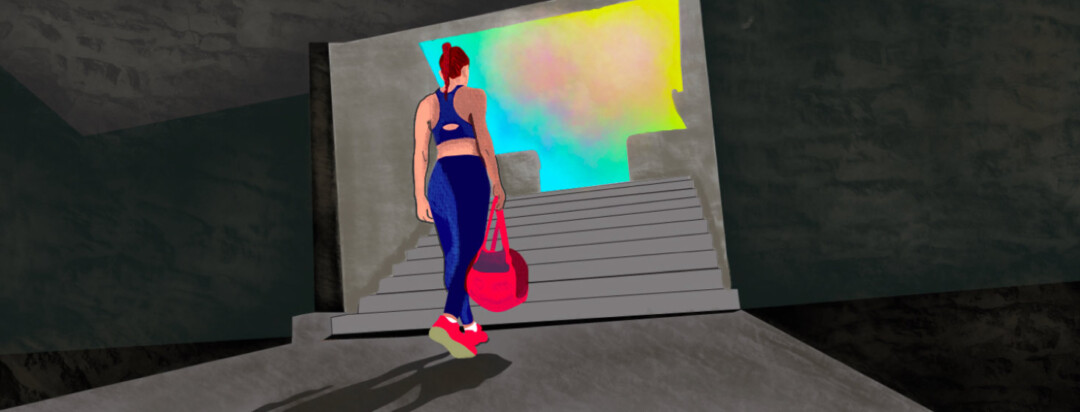 A woman in a dark area carries a gym bag as she walks toward a flight of stairs with a sunset in the distance.