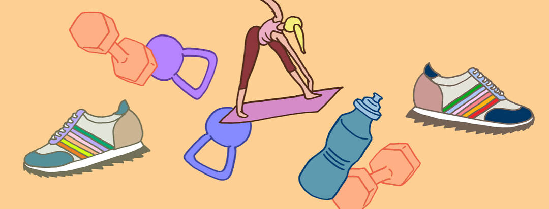 A woman doing yoga surrounded by walking shoes, weights, kettle bells and a water bottle