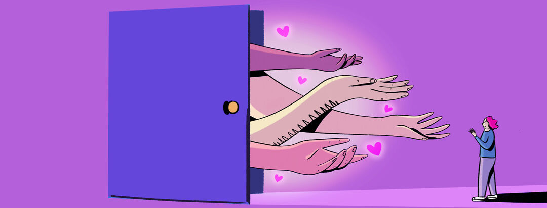 An adult woman stands in front of an opening door as four hands pop out, with hearts around them and welcome her inside