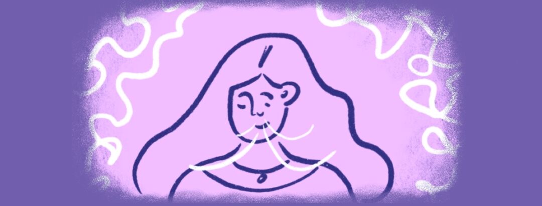 A simple illustration of a woman taking a deep breath out to help relieve stress.