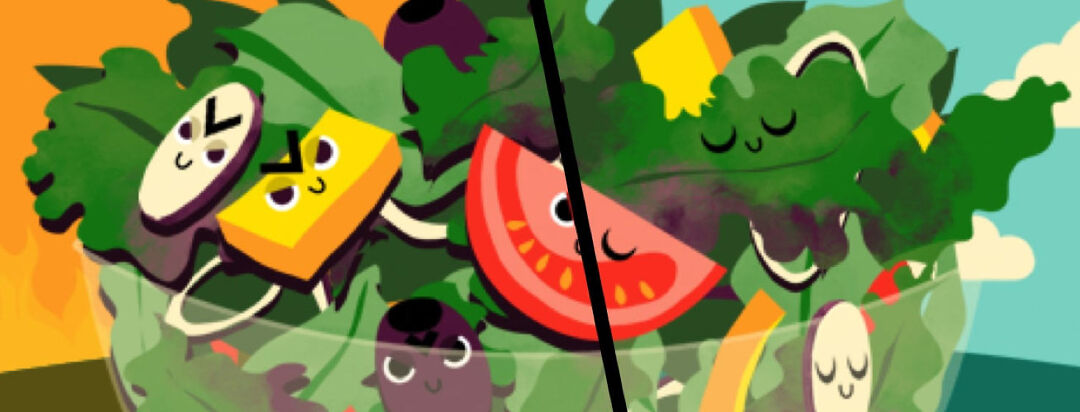 A split image of a bowl of salad featuring raw veggies. One side has happy and non-threatening eyes but the on the other side their eyes look evil.