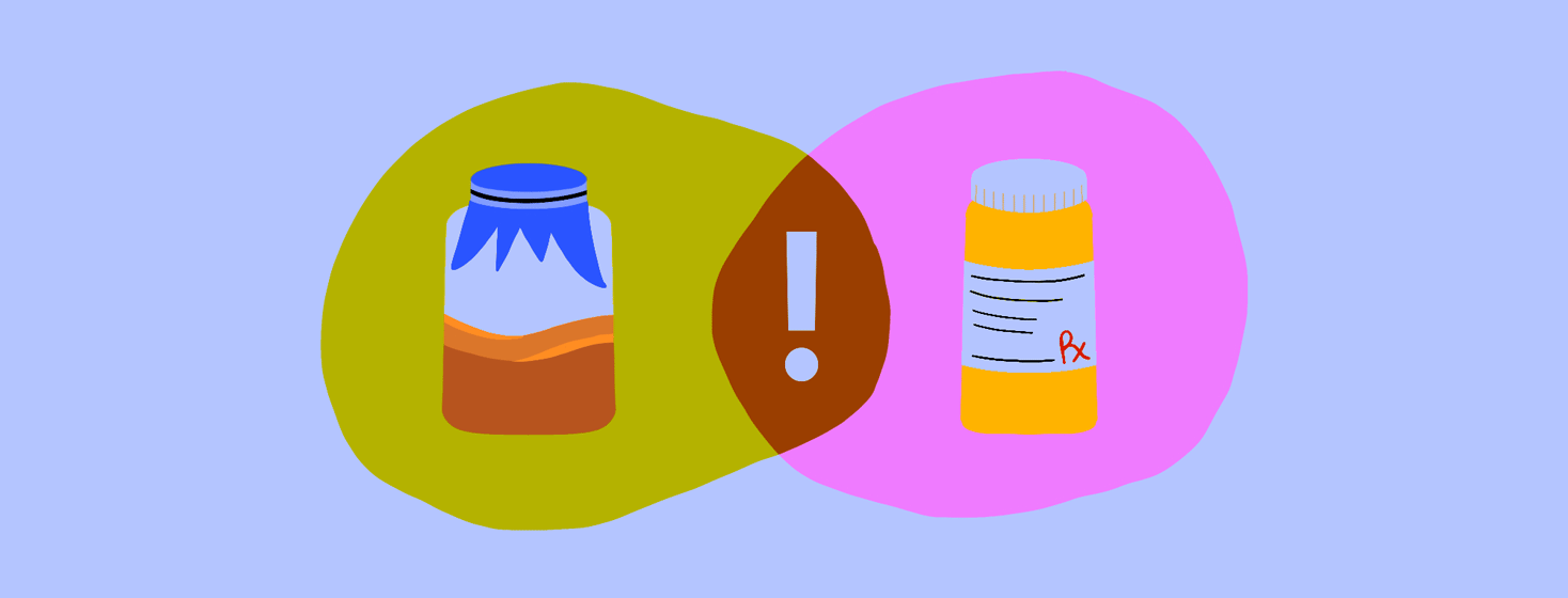 A venn diagram with alternative treatment on the left and a pill bottle on the right. A exclamation mark is in the middle.